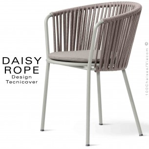 Fauteuil repas repas d'extérieur DAISY-ROPE, structure acier peint, tressage cordage, assise coussin habillage tissu.