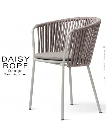 Fauteuil repas repas d'extérieur DAISY-ROPE, structure acier peint, tressage cordage, assise coussin habillage tissu.
