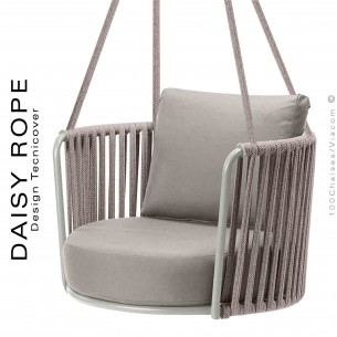 Balancelle suspendue pour extérieur DAISY-ROPE, structure peint blanche, tressage cordage fango, assise coussin taupe.