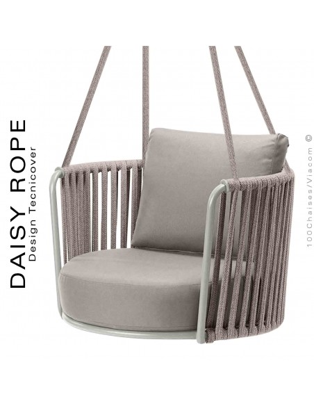 Balancelle suspendue pour extérieur DAISY-ROPE, structure peint blanche, tressage cordage fango, assise coussin taupe.