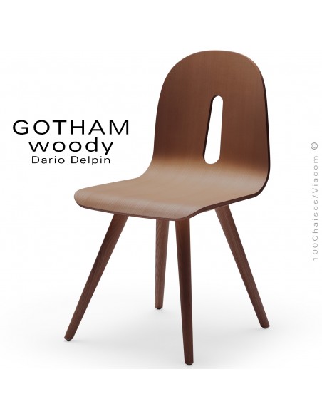 Chaise design GOTHAM WOODY-S, piétement et assise bois noyer.