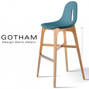 Tabouret de bar GOTHAM-W-SG-80, piétement bois naturel, assise coque plastique bleu pétrole.