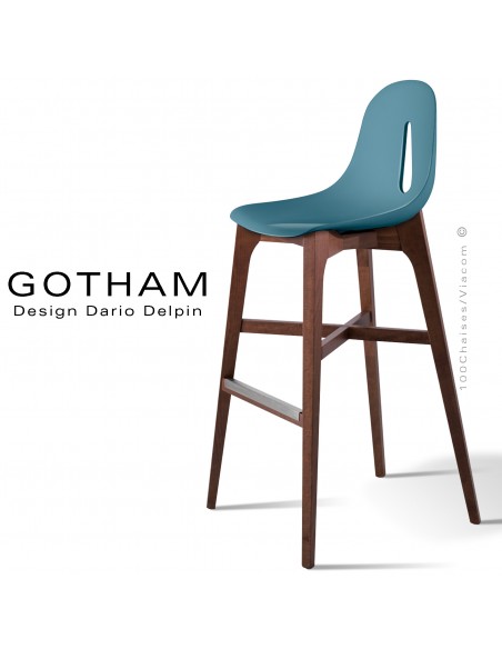 Tabouret de bar GOTHAM-W-SG-80, piétement bois teinté noyer, assise coque plastique bleu pétrole.