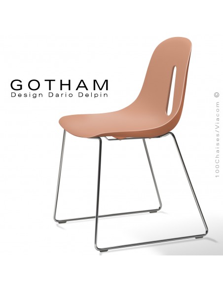 Chaise design GOTHAM, piétement type luge acier chromé brillant, assise coque plastique couleur terracotta.