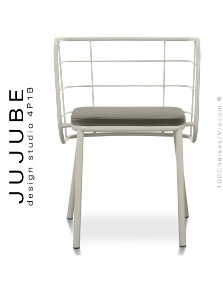 Fauteuil pour terrasse extérieur JUJUBE, piétement et structure acier peint sable. Avec coussin tissu couleur gris-600.