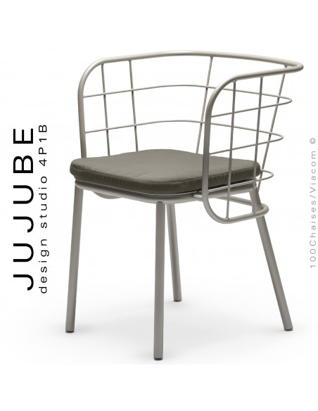 Fauteuil pour terrasse extérieur JUJUBE, piétement et structure acier peint sable. Avec coussin tissu couleur gris-600.