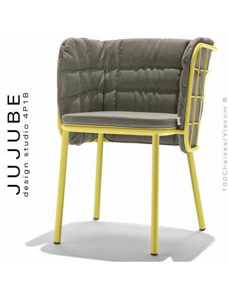 Fauteuil confort extérieur design JUJUBE, piétement peint jaune, assise et dossier habillage tissu gris hydrofuge.