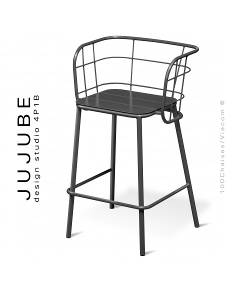 Tabouret de bar pour terrasse extérieur design JUJUBE, piétement acier peint anthracite.