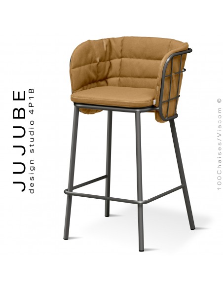 Tabouret de bar confort design pour terrasse extérieur JUJUBE, piétement anthracite, assise coussin tissu hydrofuge orange.