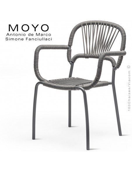 Fauteuil chic d'extérieur design MOYO, structure acier peint anthracite, assise tressage corde gris argent.