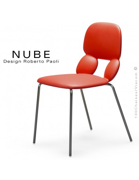 Chaise pour collectivité ou domestique NUBE, piétement acier peint noir, assise coque plastique souple couleur rouge.
