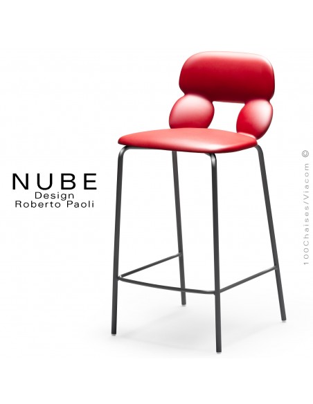 Tabouret de cuisine design NUBE, piétement acier peint noir avec repose pieds, assise coque plastique souple couleur rouge.