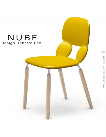 Chaise pour collectivité ou domestique NUBE, piétement bois vernis naturel, assise coque plastique souple couleur jaune.