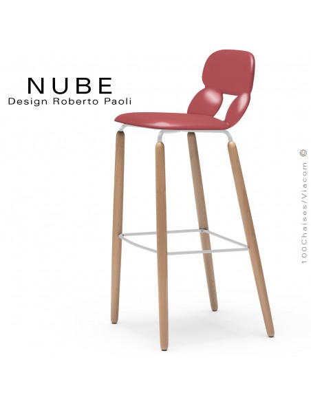 Tabouret de bar ou domestique NUBE, piétement bois, structure blanche avec repose pieds, assise coque plastique rouge.