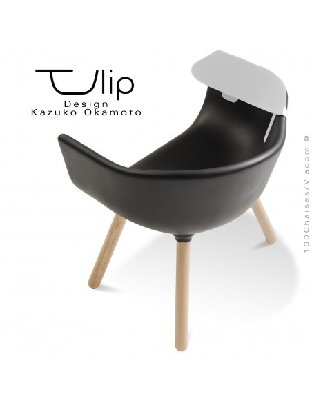 Fauteuil chic et tendance design TULIPE-LARGE coque plastique souple effet "Peached" noir, piétement bois de Frêne vernis.