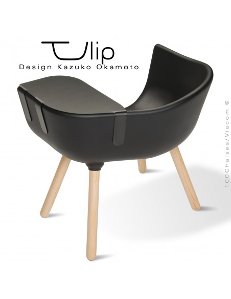 Fauteuil chic et tendance design TULIPE-LARGE coque plastique souple effet "Peached" noir, piétement bois de Frêne vernis.