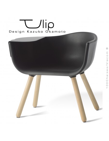 Fauteuil chic et tendance design TULIPE-LARGE coque plastique souple effet "Peached" noir, piétement bois de Frêne vernis.