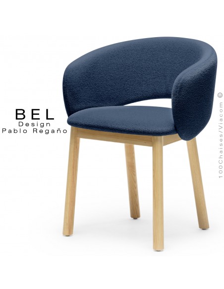 Chaise bois confort design BEL, piétement bois vernis naturel, habillage tissu bouclé bicolore bleu marine.