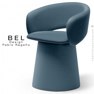 Fauteuil restauration, confort et design BEL, piétement fantaisie, assise et dossier habillage tissu bouclé bleu.