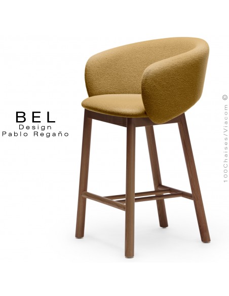 Tabouret de cuisine confort BEL, piétement bois massif de Frêne noyer, assise habillage tissu bouclé jaune.