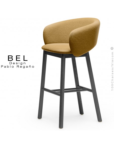 Tabouret de bar confort design BEL, piétement bois massif de Frêne teinté noir, assise et dossier tissu bouclé jaune paille.