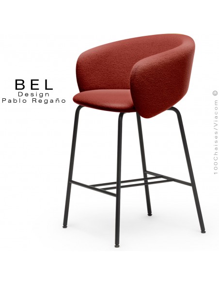 Tabouret de cuisine, confort et design BEL, piétement 4 pieds acier peint noir, assise et dossier tissu bouclé rouge.