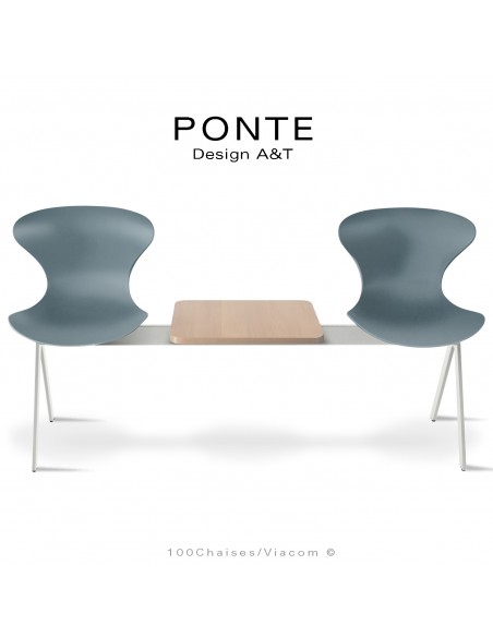 Banc ou assise sur poutre PONTE, 2 places coque couleur argent-gris, piétement peint blanc, table aspect bois.