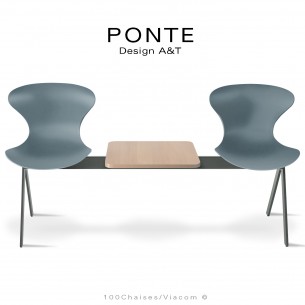 Banc ou assise sur poutre PONTE, 2 places coque couleur argent-gris, piétement peint gris Basalte, table aspect bois.