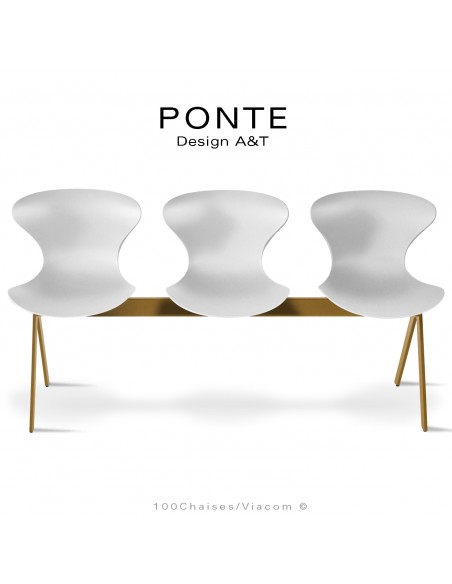 Assise sur poutre ou banc pour salle d'attente, collection PONTE, piétement peint or nacré, assise coque couleur blanche.