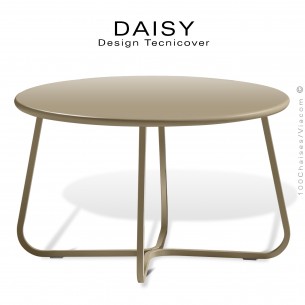 Petite table basse ronde d'appoint design DAISY, pour extérieur, structure acier peint beige, plateau rond Ø65 cm.