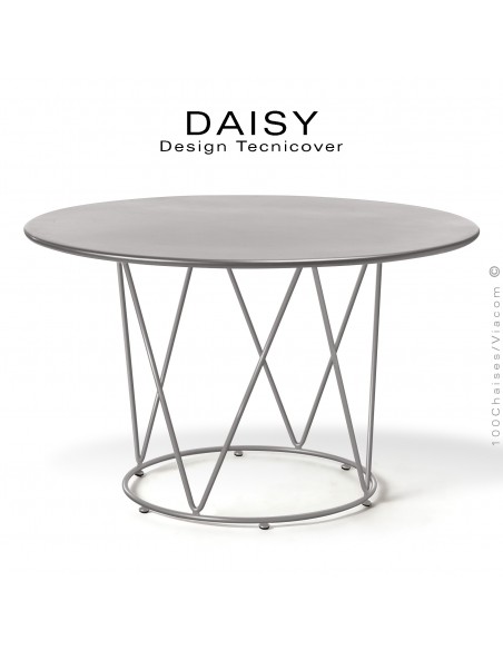 Table ronde repas design DAISY, pour extérieur, structure acier galvanisé finition peint gris Tourterelle, plateau rond Ø130.