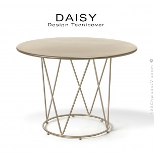 Table café ou d'appoint design DAISY, pour extérieur, structure acier galvanisé finition peint beige, plateau rond Ø90 cm.
