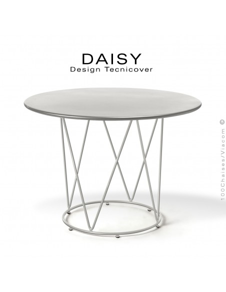 Table café ou d'appoint design DAISY, pour extérieur, structure acier galvanisé finition peint blanc perle, plateau rond Ø90 cm.