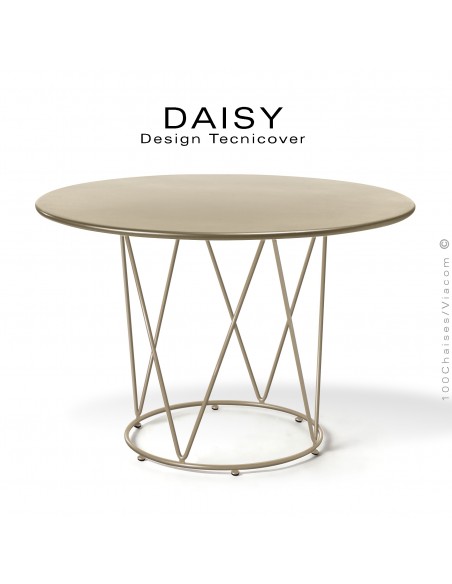 Table café ou d'appoint design DAISY, pour extérieur, structure acier galvanisé finition peint beige plateau rond Ø110 cm.