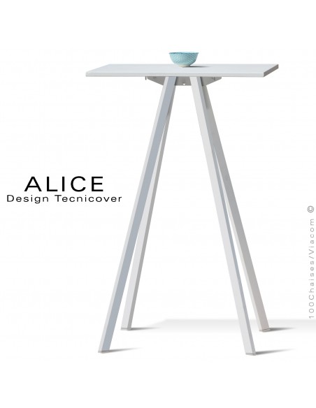 Table haute ou mange debout design ALICE, pour C.H.R., et extérieur, structure peint blanc, plateau rond ou carré.