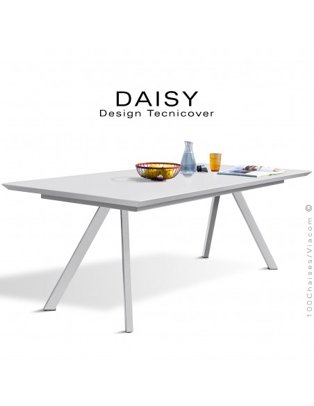 Table rectangulaire repas design DAISY, pour C.H.R. et extérieur, structure acier galvanisé peint blanc, plateau 185x90 cm.