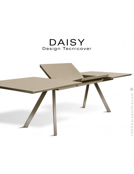 Table rectangulaire avec rallonge DAISY, pour milieu domestique en extérieur, structure acier peint beige.