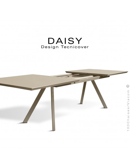 Table rectangulaire avec rallonge ouverte DAISY, pour milieu domestique en extérieur, structure acier peint beige.