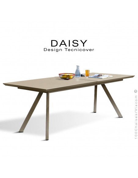 Table rectangulaire avec rallonge fermé DAISY, pour milieu domestique en extérieur, structure acier peint beige.