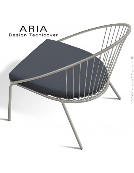 Fauteuil large lounge d'extérieur design ARIA, structure acier galvanisé peint gris Tourterelle, avec coussin tissu anthracite.
