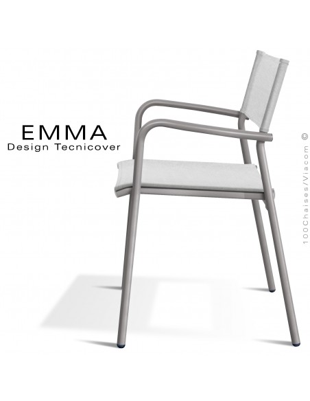 Fauteuil d'extérieur EMMA, structure aluminium peint gris tourterelle, assise et dossier Batyline couleur blanc.