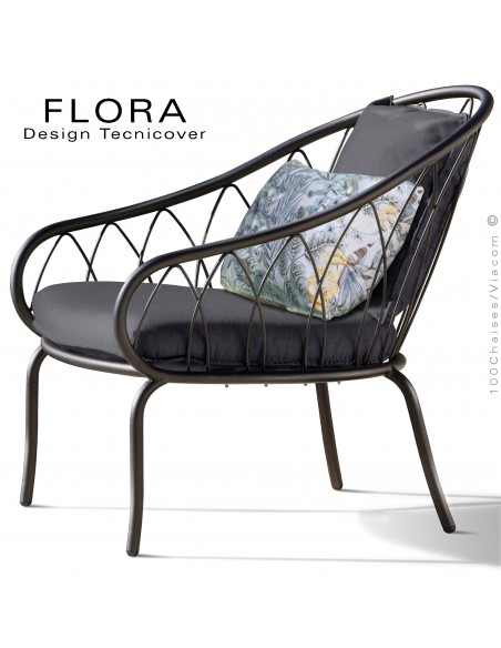 Fauteuil lounge design d'extérieur FLORA, structure acier peint bronze, assise avec coussin habillage tissu anthracite.