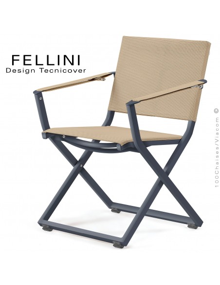 Fauteuil pliant d'extérieur FELLINI, structure aluminium peint anthracite, assise et dossier tissu technique Batyline, écru.
