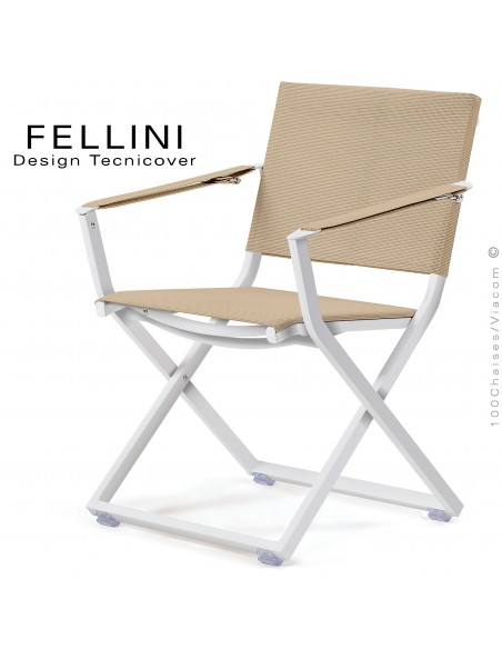 Fauteuil pliant d'extérieur FELLINI, structure aluminium peint blanc, assise et dossier tissu technique Batyline, écru.
