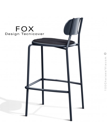 Tabouret de bar rétro d'extérieur FOX, structure acier peint anthracite, assise avec coussin aimanté couleur anthracite.