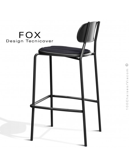 Tabouret de bar rétro d'extérieur FOX, structure acier peint noir, assise avec coussin aimanté couleur anthracite.