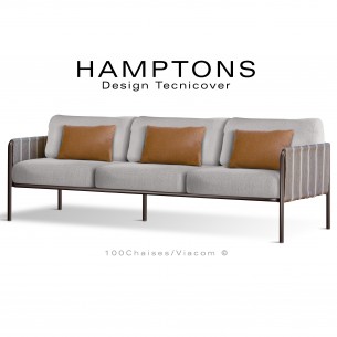 Canapé d'extérieur HAMPTONS, 3 places, acier galvanisé peint bronze assise 6 coussins crème + 3 oranges.