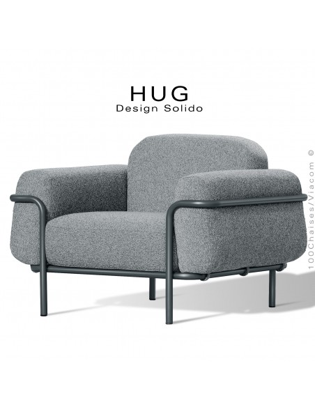Fauteuil lounge d'extérieur HUG, structure acier peint anthracite, assise coussin habillage tissu argent-gris.