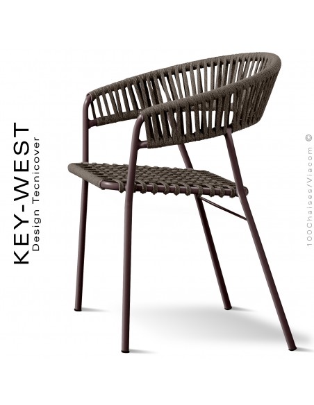 Fauteuil terrasse extérieur KEY-WEST, structure acier galvanisé peint bronze, assise, dossier tressage corde marine marron.