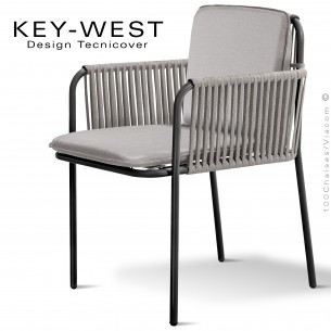 Fauteuil KEY-WEST, acier peint noir, assise et dossier coussins tissu crème, accoudoirs tressage corde crème.